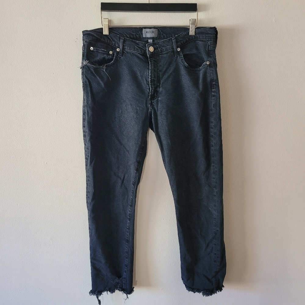Agolde Toni Midrise Straight Black Raw Hem Distressed Denim Jeans‎